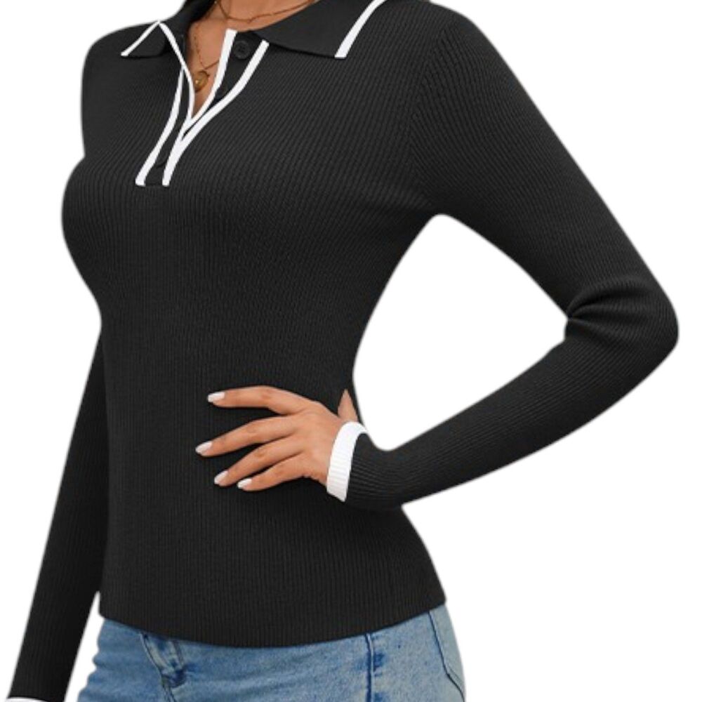 Nenoná Black Ribbed Knit Polo Collar Long Sleeve Sweater Women Top Size S - Picture 3 of 8